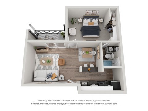 a stylized floor plan with a bedroom and a living room
